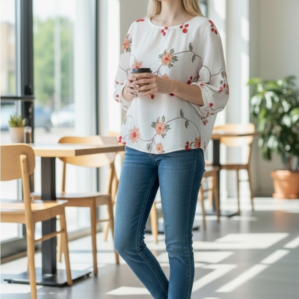 Ana & Rose White/Red Embroidered Floral Blouse Size MP